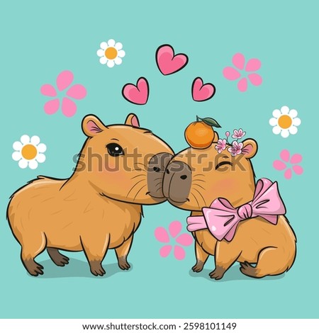 Two cute Cartoon capybaras on a blue background