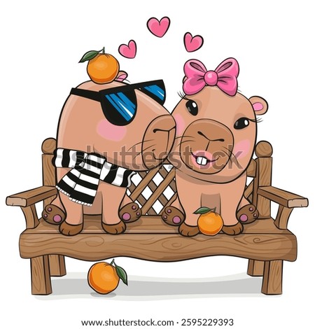 Two cute Cartoon capybaras is sitting on the bench