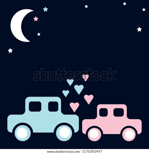 Two cute cartoon cars, hearts, moon and\
stars in the night sky. Valentine\'s day card, place for text.\
Vector illustration