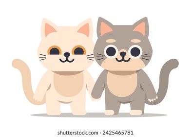 Two cute cartoon cats characters together on isolated background. Flat vector illustration