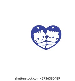 Two cute cartoon cats are cuddling closely within a dark blue heart-shaped outline, featuring small hearts at the top.