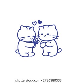 Two cute cartoon cats, drawn with blue outlines, share a sweet moment with one cat offering a flower to another under floating hearts.