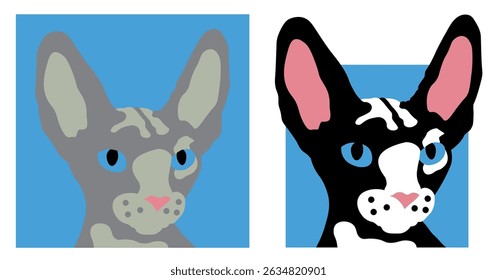 Dois bonitos gatos de desenho animado em um fundo azul claro. Um gato é cinza com pontos cinzas claros, o outro é gengibre com manchas brancas. Ilustração de vetor plano minimalista para design infantil, pet.