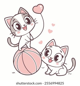 Two cute cartoon cats playing with a ball and expressing joy.