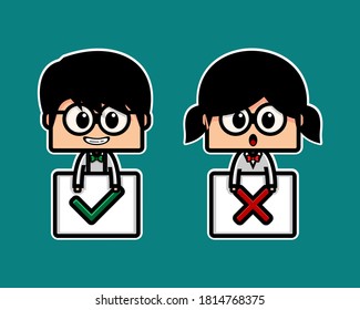 Dos personajes lindos con símbolos positivos y negativos. Me gusta y no le gusta. Bueno y malo. Sí y no. Vector de ilustración