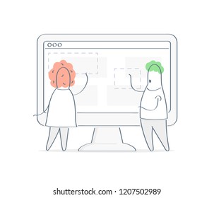 Two cute cartoon characters interacting, working on computer display interface, website design, content or layout creation, landing page creation, project management concept. Flat linear vector