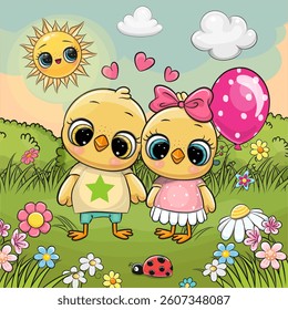 Two Cute Cartoon Chickens on the meadow