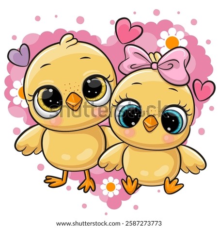 Two Cute Cartoon Chickens on a background of heart