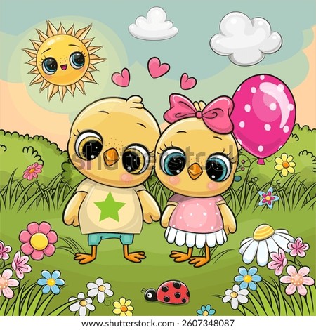 Two Cute Cartoon Chickens on the meadow