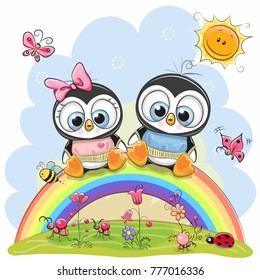 Two Cute Cartoon Chickens are sitting on the rainbow