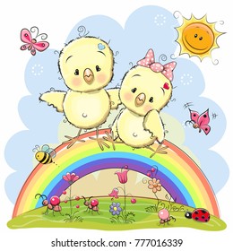 Two Cute Cartoon Chickens are sitting on the rainbow