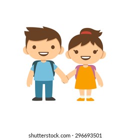 Two cute cartoon children with school backpacks smiling and holding hands. Older boy and smaller girl in dress with ponytail.