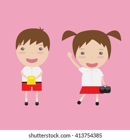 two cute cartoon children with school ,vector happy children