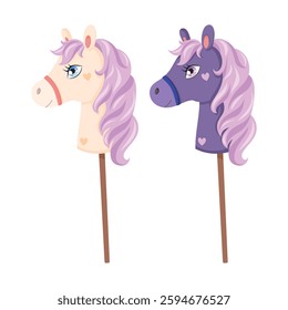 two cute cartoon children's toys horse head on a wooden stick, vector illustration on a white background