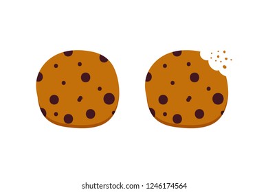 Two Cute Cartoon Chocolate Chips Cookies, Biscuits, Whole And With Teeth Bite Mark.