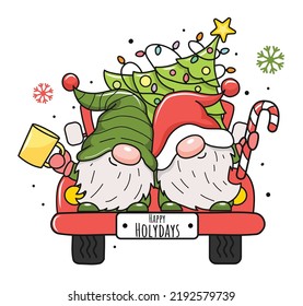 Two cute cartoon Christmas gnomes with Christmas tree on truck.. Vector illustration. Isolated on white background