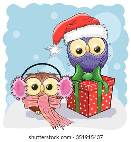 Two cute Cartoon Christmas Owls and gift