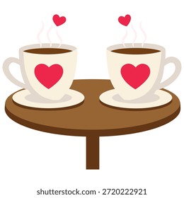 Two cute cartoon coffee beige cups with red hearts on brown table. Dating on Valentine's day. Concept for Valentine's day and wedding, symbolizing love and affection.