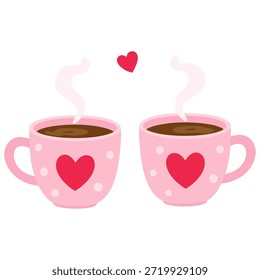 Two cute cartoon coffee pink cups with red hearts representing love and romance on Valentine's day. Concept for Valentine's day and wedding, symbolizing love and affection. Vector isolated