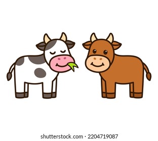 Two Cute Cartoon Cows, Brown And White Spotted. Kawaii Little Calf, Simple Drawing. Vector Clip Art Illustration.