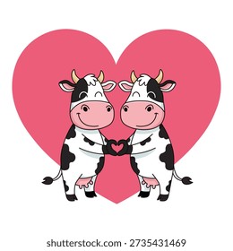 Two cute cartoon cows standing in front of a large pink heart