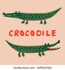 Two cute cartoon crocodiles, funny kids print. Vector hand drawn illustration.