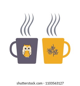 Two cute cartoon cups with hot drink. Hygge design element, vector illustration