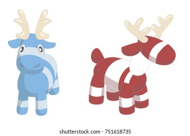 Two cute cartoon deers isolated on white background. Vector illustration of adorable plush holiday animals.