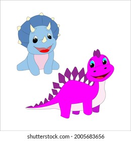 Two cute cartoon dinosaurs isolated on white background. Vector illustration.