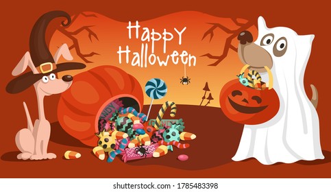 Two cute cartoon dogs in Halloween witch   ghost costumes  Trick treat  happy Halloween  Vector illustration postcard 