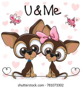 Two Cute Cartoon Dogs on a hearts background