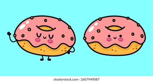 Two cute cartoon donuts with pink frosting on a light blue background, both smiling with joy.