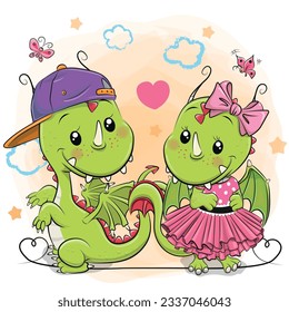 Zwei Cute-Cartoon-Drachen, Junge und Mädchen auf weißem Hintergrund