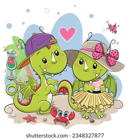Two Cute Cartoon Dragons Boy and Girl on the beach