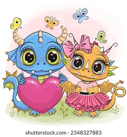 Two Cute Cartoon Dragons Boy and Girl on the meadow