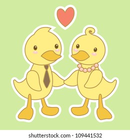 Two cute cartoon ducklings holding hands on a simple green background. Vector illustration