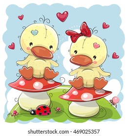 Two Cute Cartoon Ducks are sitting on mushrooms