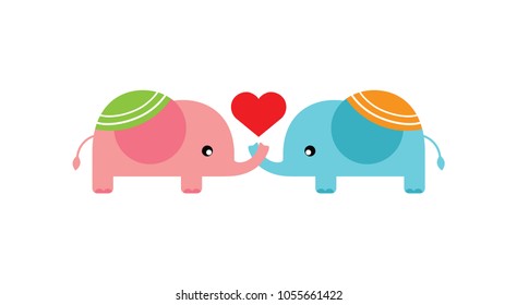 Two cute cartoon elephants facing to each other with red heart on the top. Art animal isolated on white background vector and illustration
