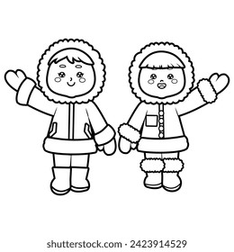 Two cute cartoon Eskimo kids vector in black and white