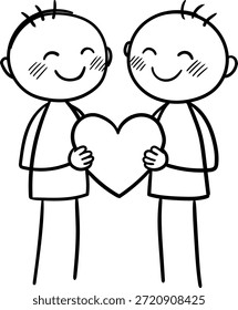 Dos lindas figuras de dibujos animados están sosteniendo un corazón en sus manos. Dibujo en blanco y negro, dos personajes sonrientes que comparten un Grande símbolo del corazón, sobre el tema del Día de San Valentín.