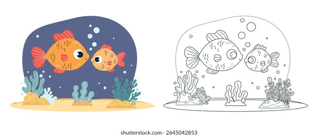 Dois bonitos personagens de peixes de desenho animado mãe e criança com paisagem do mar, algas no fundo do mar arenoso. Contorno isolado e desenho de cores. Página de cores. Ilustração vetorial. Coleção Kids