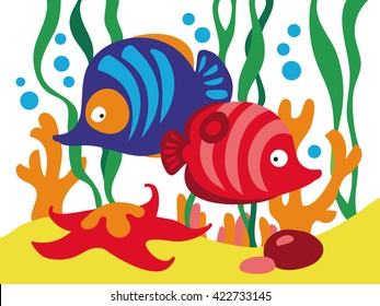 Two cute cartoon fishes under the sea. Vector illustration.