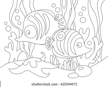 Two cute cartoon fishes under the sea. Can be used for coloring book. Vector illustration.