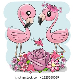 Two Cute Cartoon Flamingos with flowers on a blue background