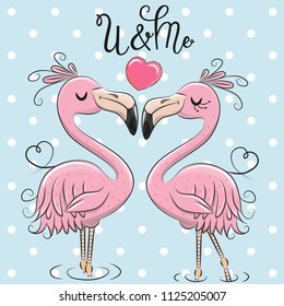 Two Cute Cartoon Flamingos on a blue background