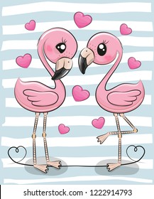 Two Cute Cartoon Flamingos on a blue background