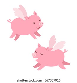 Two cute cartoon flying pigs. Isolated vector illustration.