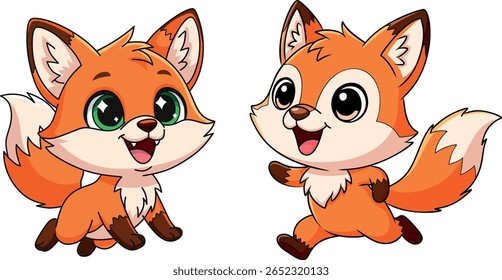 Dois filhotes fofos de raposa de desenho animado, um sentado e um correndo. Personagens de animais selvagens adoráveis isolados em branco. Design divertido e encantador