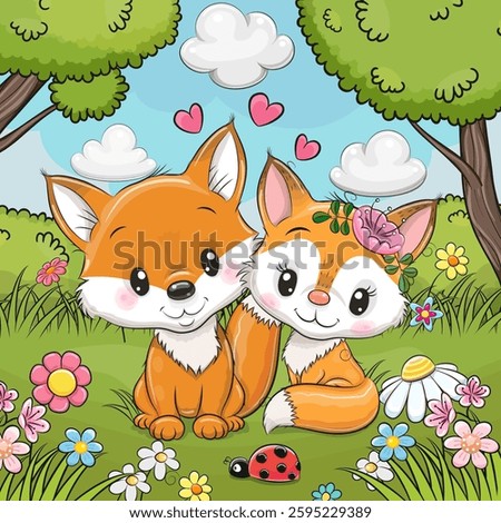 Two Cute Cartoon Foxes on sitting on the meadow