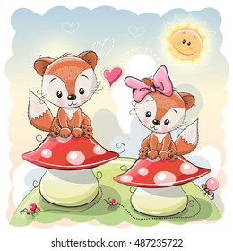 Two Cute Cartoon Foxes are sitting on mushrooms